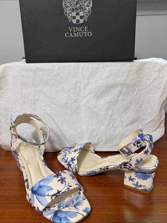 Vince Camuto Shoes - Vince Camuto Blue and White Floral Block Heel Sandals